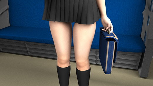 早朝の電車内で通学中とおぼしき超・スカートの短い女子学生に遭遇。勃起に気付かれないかと思うくらいエロかったが、不自然に彼女のどまんまえに座ったサラリーマン風の男がスマホでスカート内盗撮をしていた。（白黒のしましまパンティ編） サンプル4ページ目