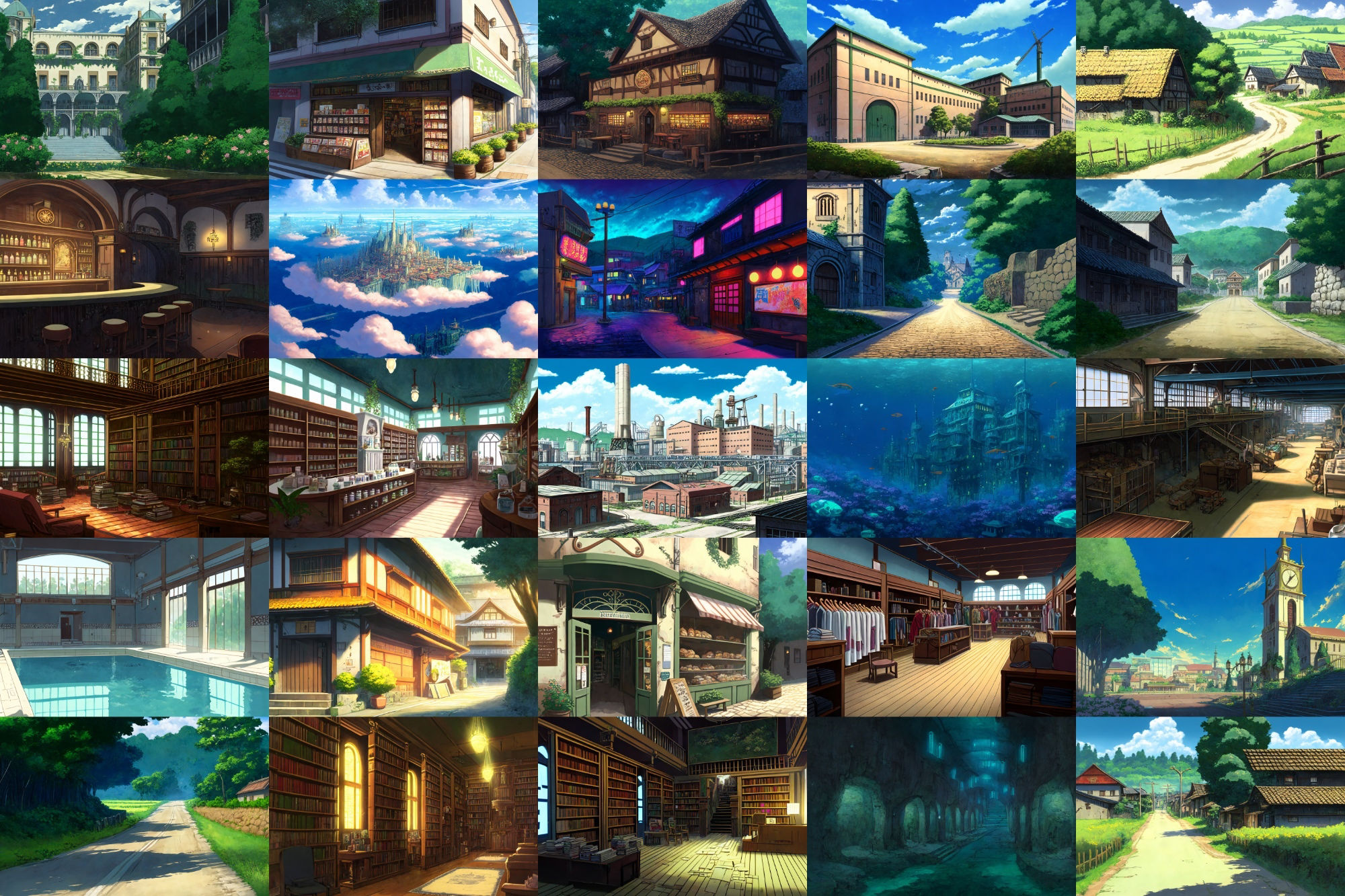 【アニメ映画風の街や施設の背景】著作権フリーの高解像度画像（100枚） サンプル1ページ目