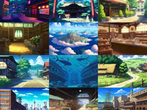【アニメ映画風の街や施設の背景】著作権フリーの高解像度画像（100枚）