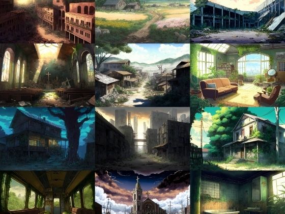 【アニメ映画風の廃墟系背景】著作権フリーの高解像度画像（100枚）