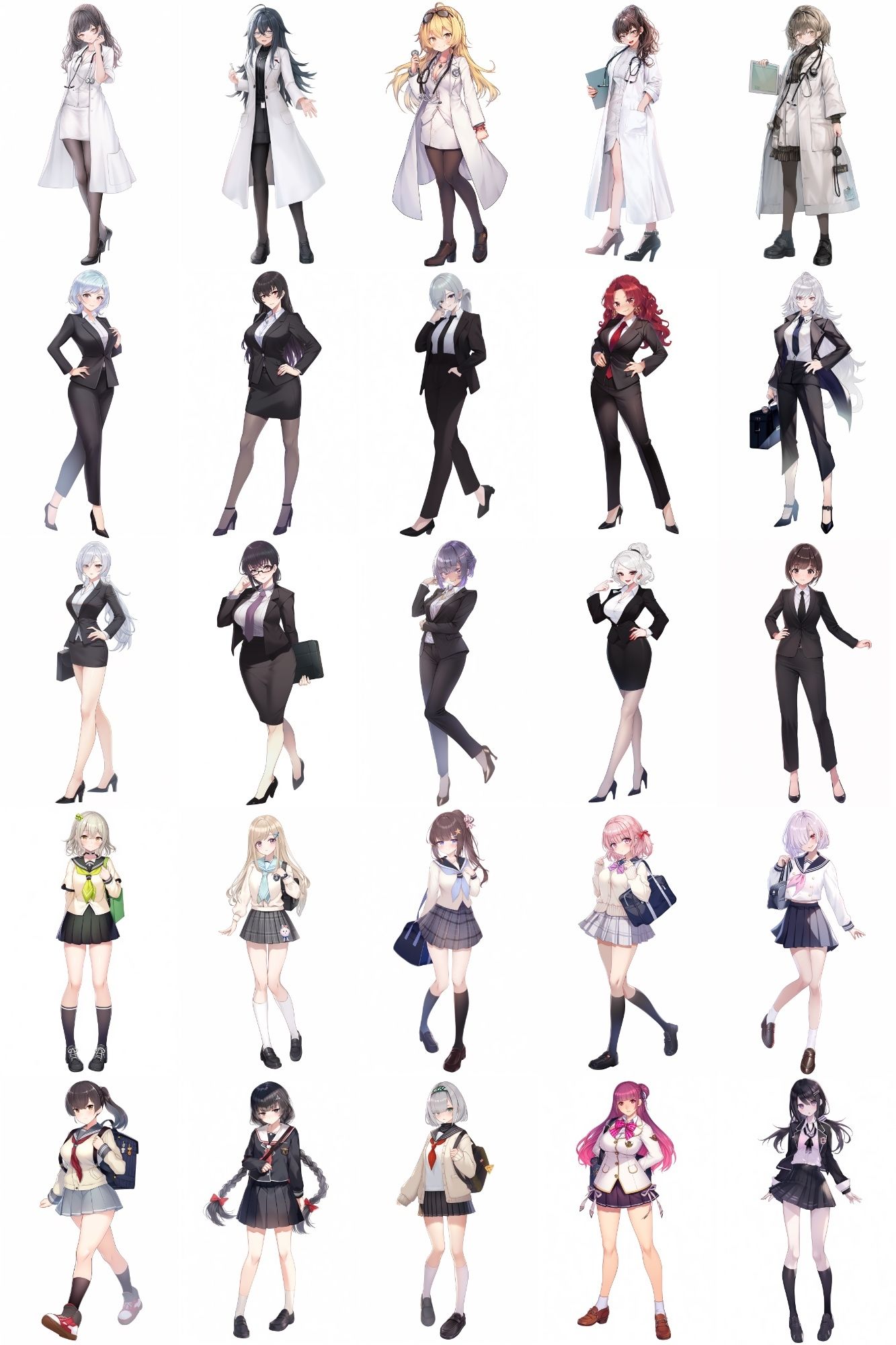 【女キャラ全身立ち絵ジョブ別5】著作権フリーの高解像度素材（100枚） サンプル1ページ目
