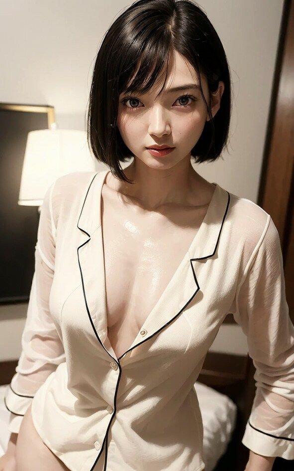 パジャマを徐々に脱がされちゃうショートボブな巨乳美女のヌード写真集【AI妄想グラビア写真集】 サンプル1ページ目