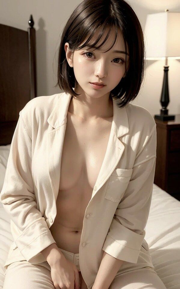 パジャマを徐々に脱がされちゃうショートボブな巨乳美女のヌード写真集【AI妄想グラビア写真集】 サンプル6ページ目