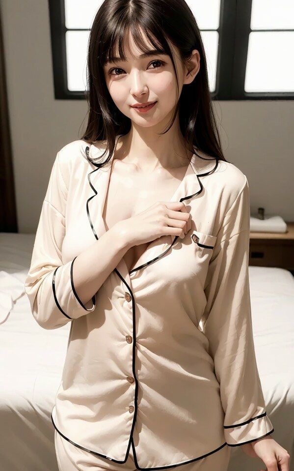 パジャマを徐々に脱がされちゃう巨乳美女のヌード写真集【AI妄想グラビア写真集】 サンプル2ページ目