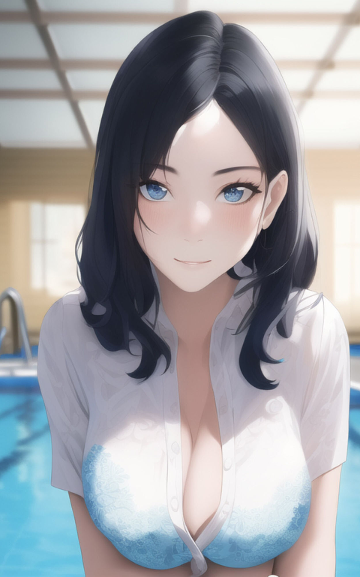 清楚で巨乳なお姉さんとプールで遊んだ後、一緒にお風呂に入る。 サンプル1ページ目
