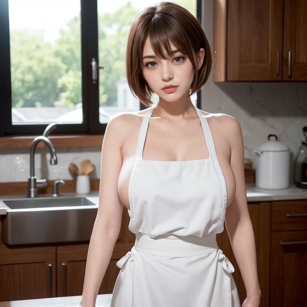 ショートカット巨乳美女の裸エプロン写真 サンプル1ページ目