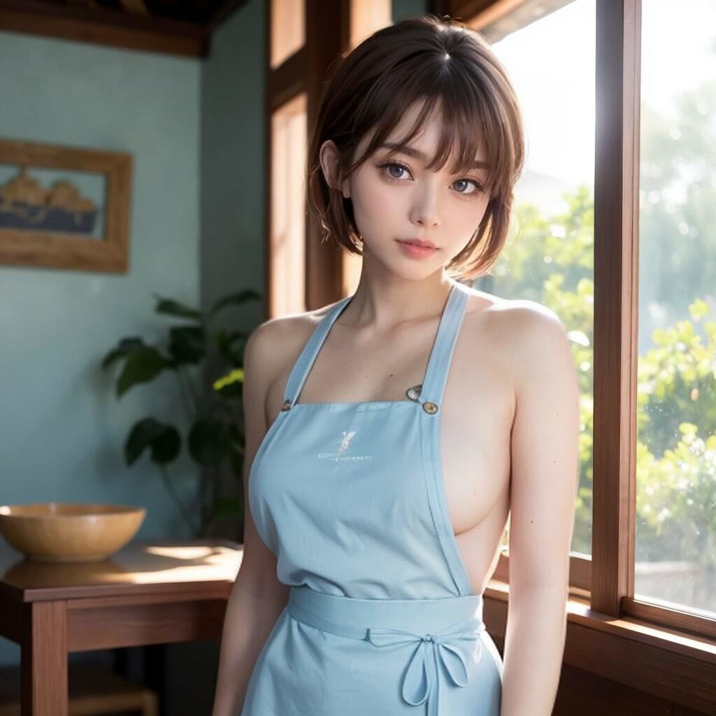 ショートカット巨乳美人若奥さまの裸エプロン写真 サンプル1ページ目