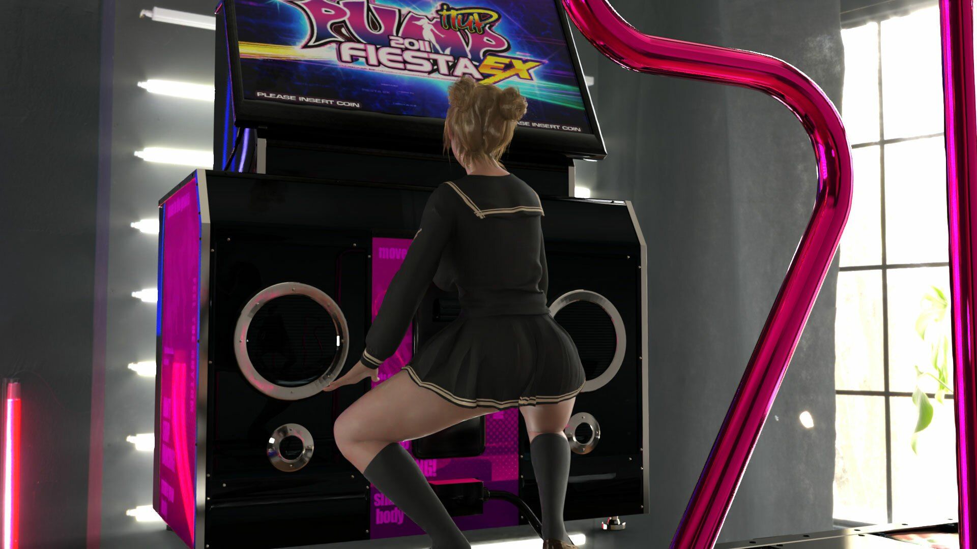 パンツパンツレボリューション！学校近くのゲーセンに寄ってダンスゲームに興じる廻里。ところがゲーム筐体に真下から隠しカメラが仕掛けられており、スカート内を盗撮される被害に遭う（PV05:サテン地ピンクヒョウ柄パンティ） サンプル6ページ目
