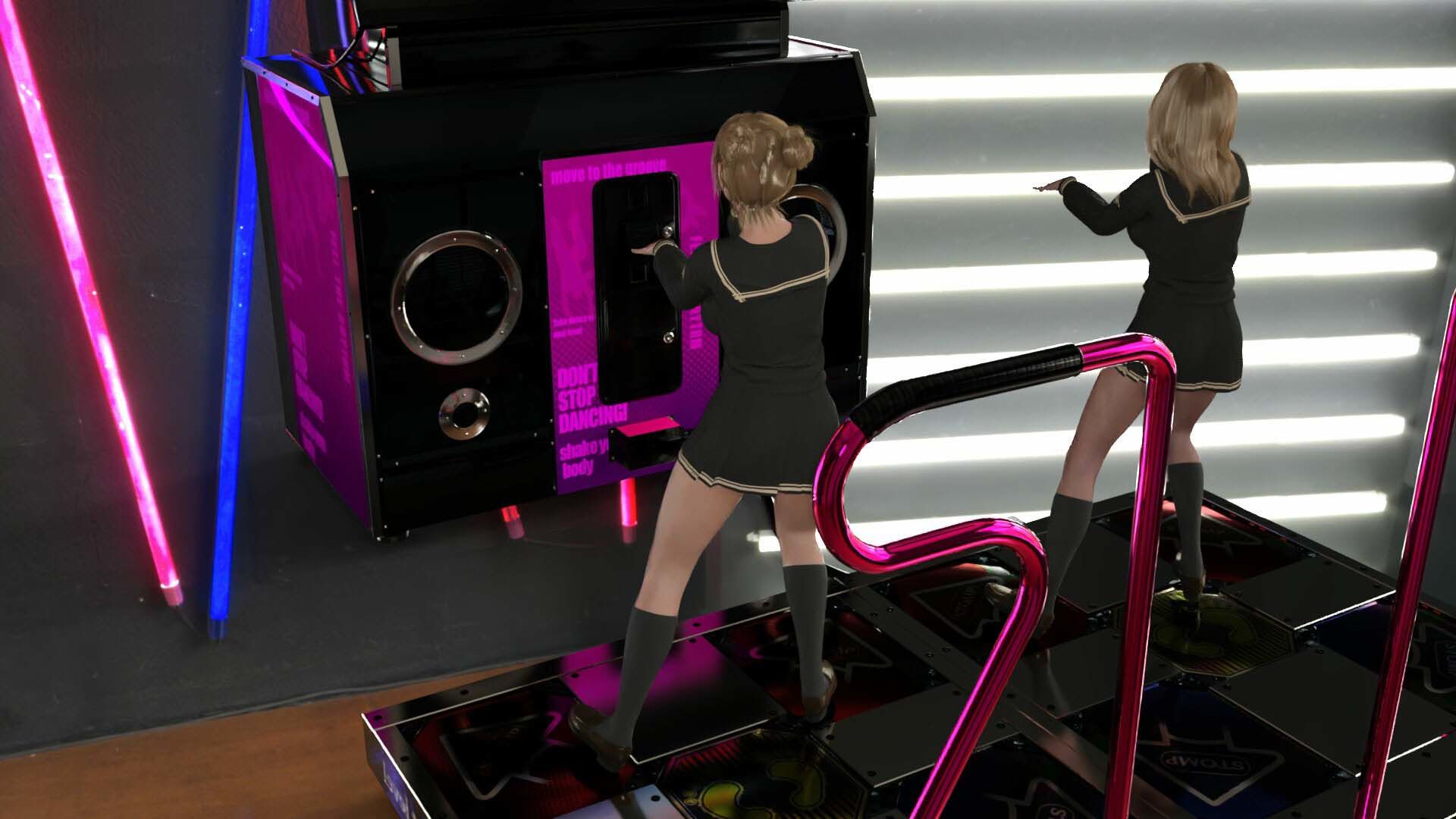 【▲100△100】パンツパンツレボリューション！学校近くのゲーセンに寄ってダンスゲームに興じる廻里と友梨。ところがゲーム筐体に真下から隠しカメラが仕掛けられており、ダブルでスカート内を盗撮される被害に遭う（PV04:廻里-ピンクハート柄＆友梨-ピンクヒョウ柄パンティ） サンプル3ページ目