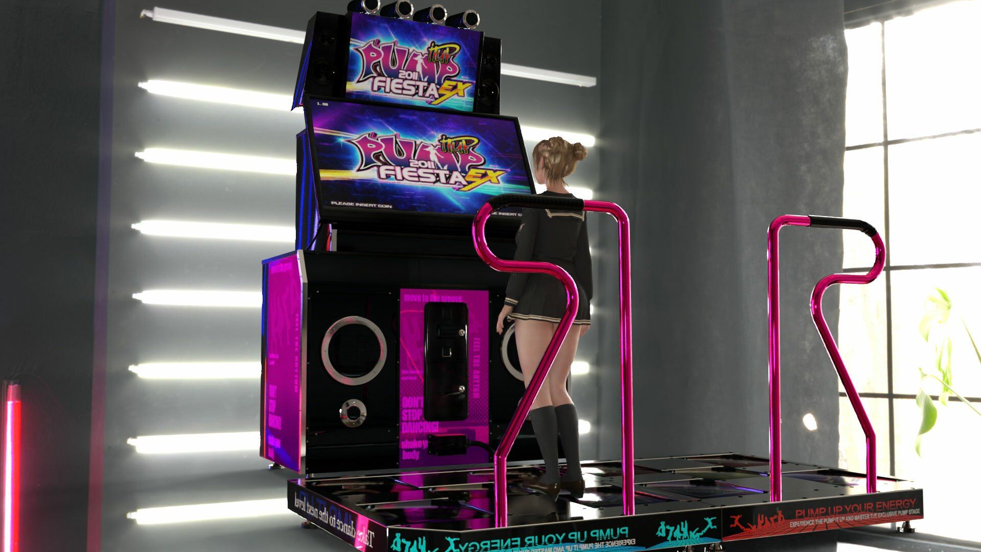 パンツパンツレボリューション！学校近くのゲーセンに寄ってダンスゲームに興じる廻里。ところがゲーム筐体に真下から隠しカメラが仕掛けられており、スカート内を盗撮される被害に遭う（PV06:サテン地ゼブラ柄パンティ） サンプル7ページ目