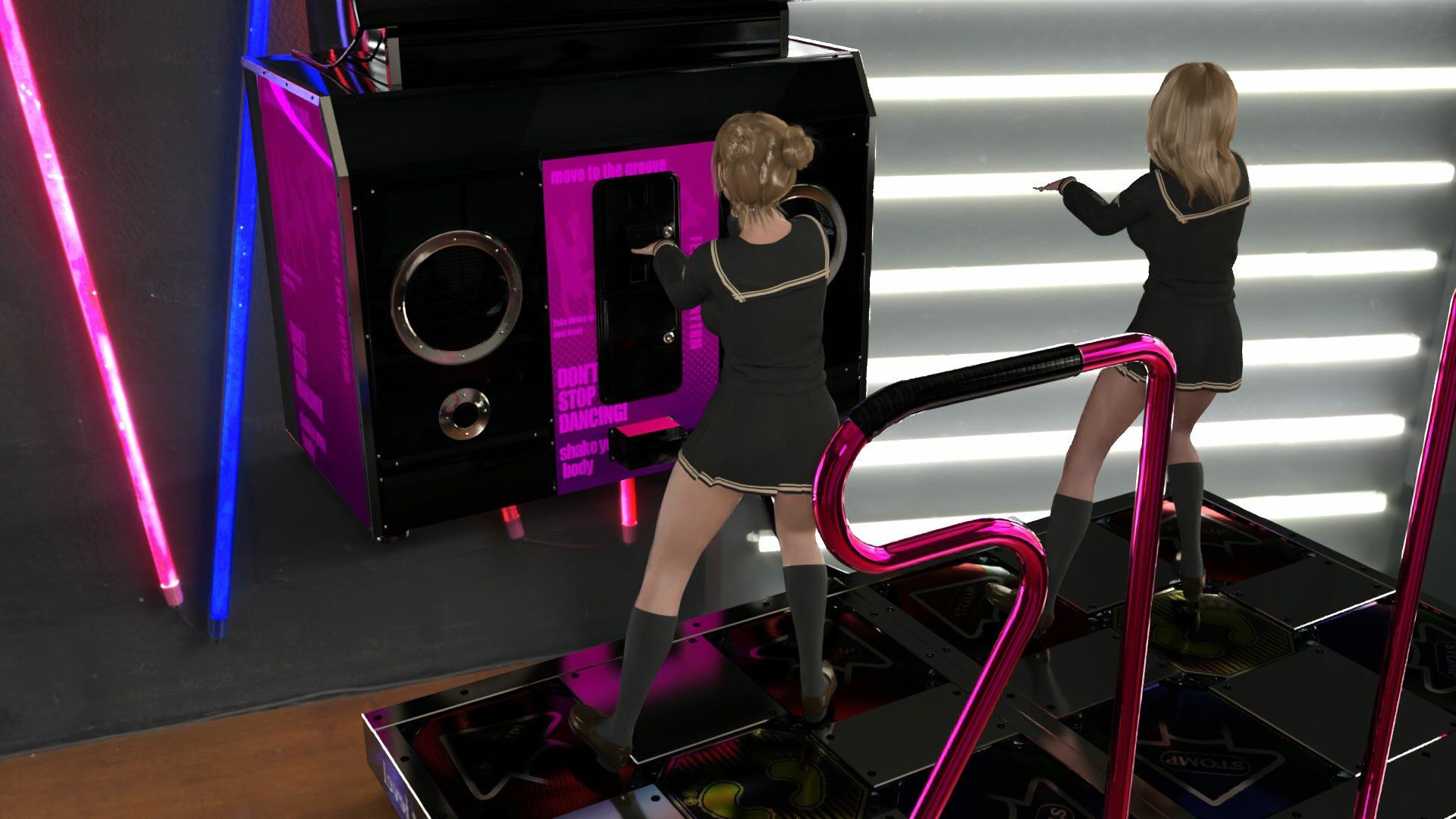 【▲100△100】パンツパンツレボリューション！学校近くのゲーセンに寄ってダンスゲームに興じる廻里と友梨。ところがゲーム筐体に真下から隠しカメラが仕掛けられており、ダブルでスカート内を盗撮される被害に遭う（PV05:廻里-黒水玉柄＆友梨-ゼブラ柄パンティ） サンプル3ページ目