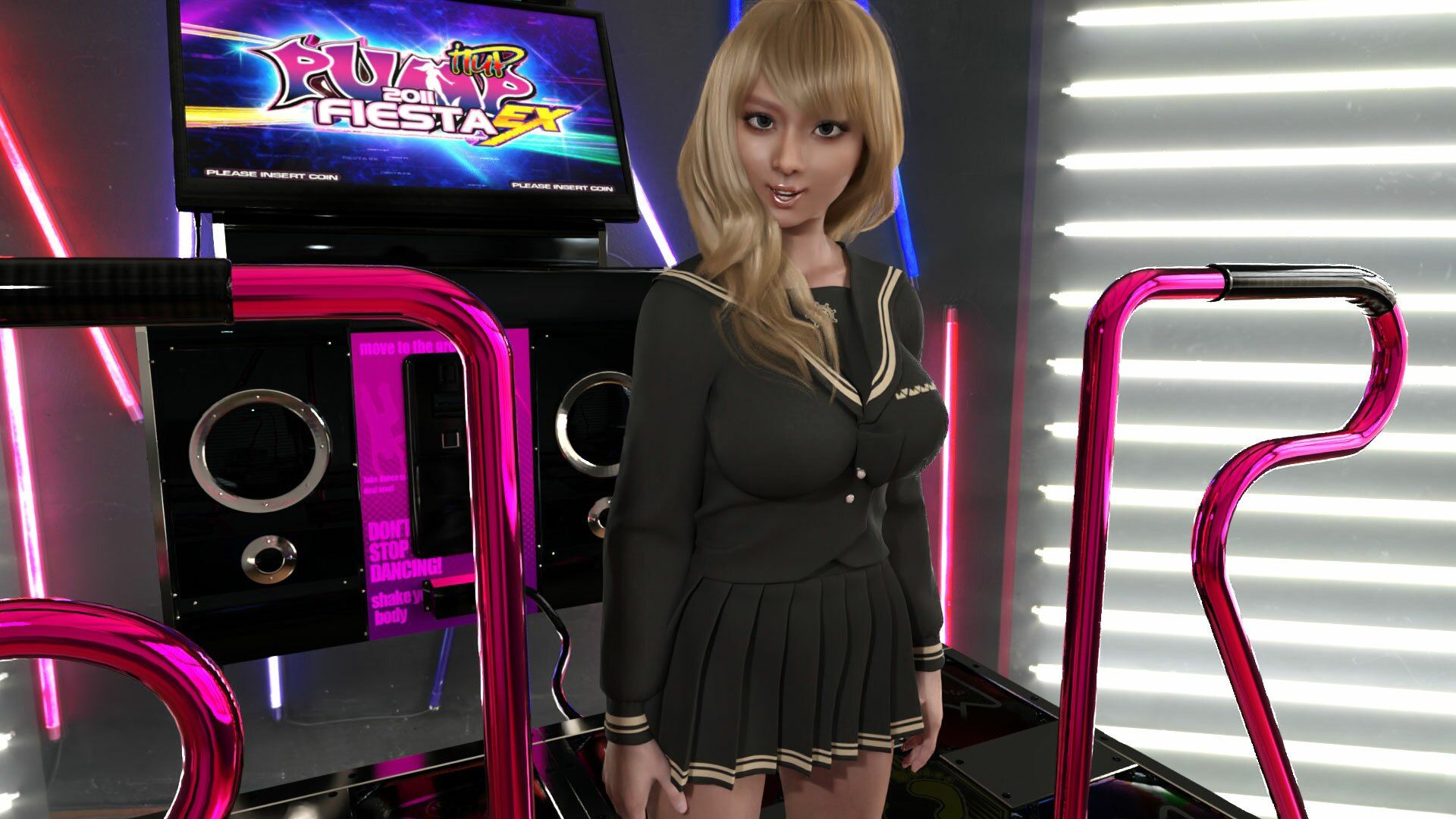 【▲100△100】パンツパンツレボリューション！学校近くのゲーセンに寄ってダンスゲームに興じる廻里と友梨。ところがゲーム筐体に真下から隠しカメラが仕掛けられており、ダブルでスカート内を盗撮される被害に遭う（PV06:廻里-ピンクシマシマ＆友梨-黒パンティ） サンプル9ページ目
