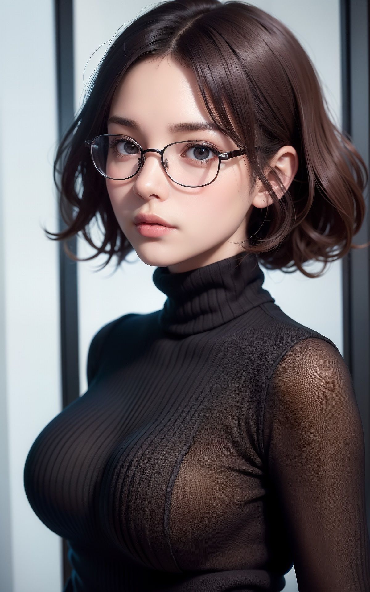 デカ乳タートルネックのメガネちゃん AI生成ヌードグラビアCG集 サンプル3ページ目