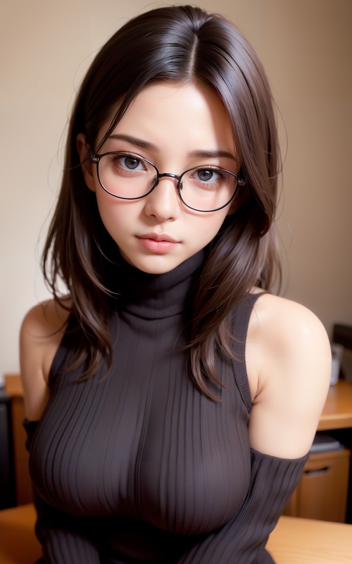 デカ乳タートルネックのメガネちゃん AI生成ヌードグラビアCG集 サンプル10ページ目