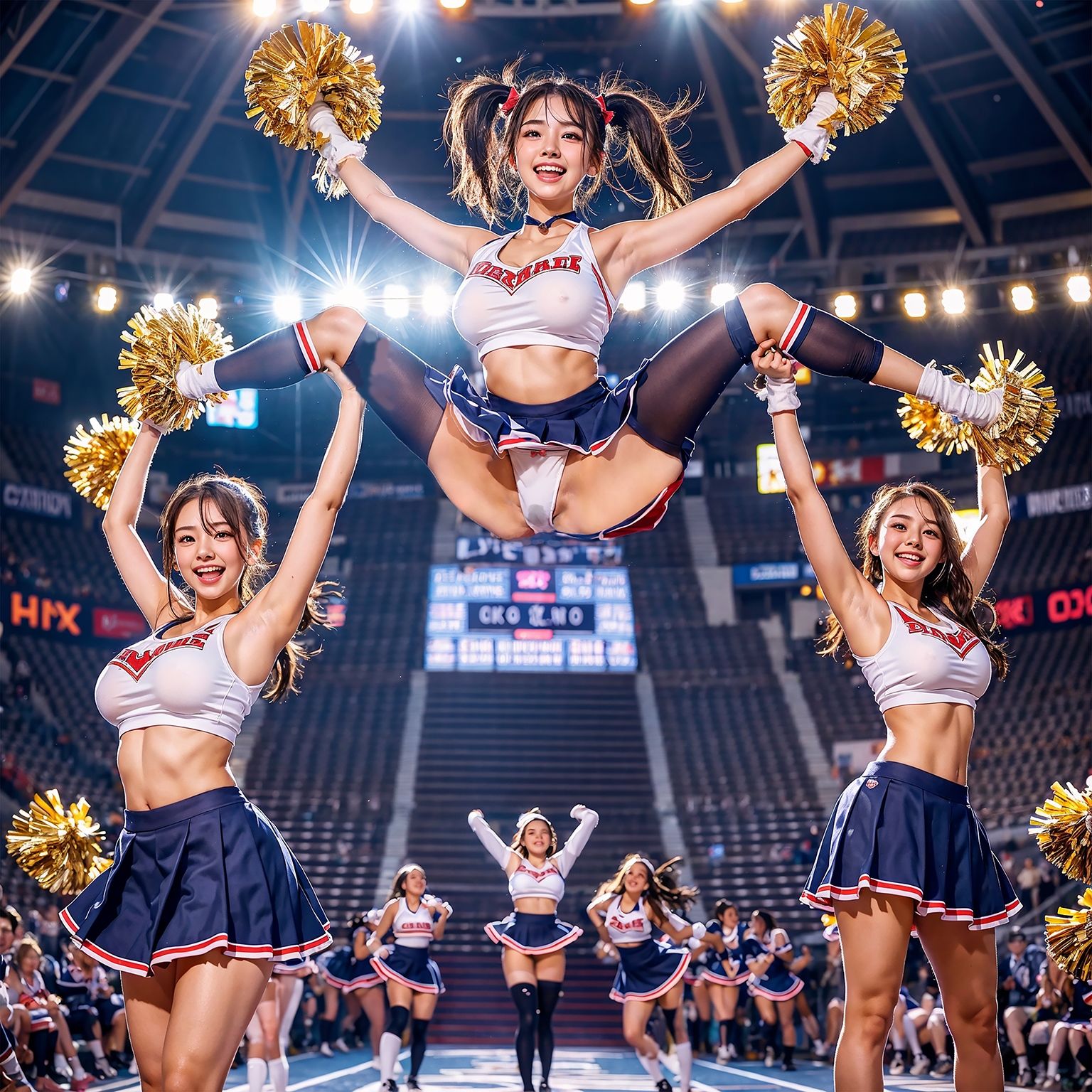 チアガール奇跡の大開脚！！アンスコ履き忘れてパンティにシミ！！超高画質で股間のハミ毛確認！尿意を我慢出来ずに大量放尿！！ サンプル1ページ目