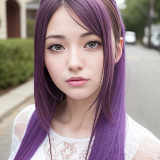 パープルヘアの美女のストリートスナップ（セリフなし AI画像集） サンプル1ページ目