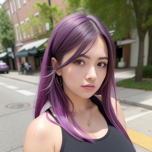 パープルヘアの美女のストリートスナップ（セリフなし AI画像集） サンプル2ページ目