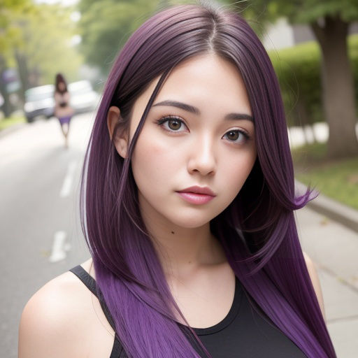 パープルヘアの美女のストリートスナップ（セリフなし AI画像集） サンプル5ページ目