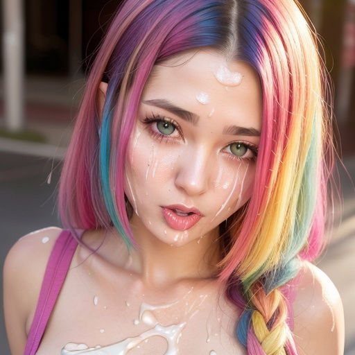 精液をぶっかけられてお化粧が崩れたカラフルヘアの美女（セリフなし AI画像集） サンプル5ページ目