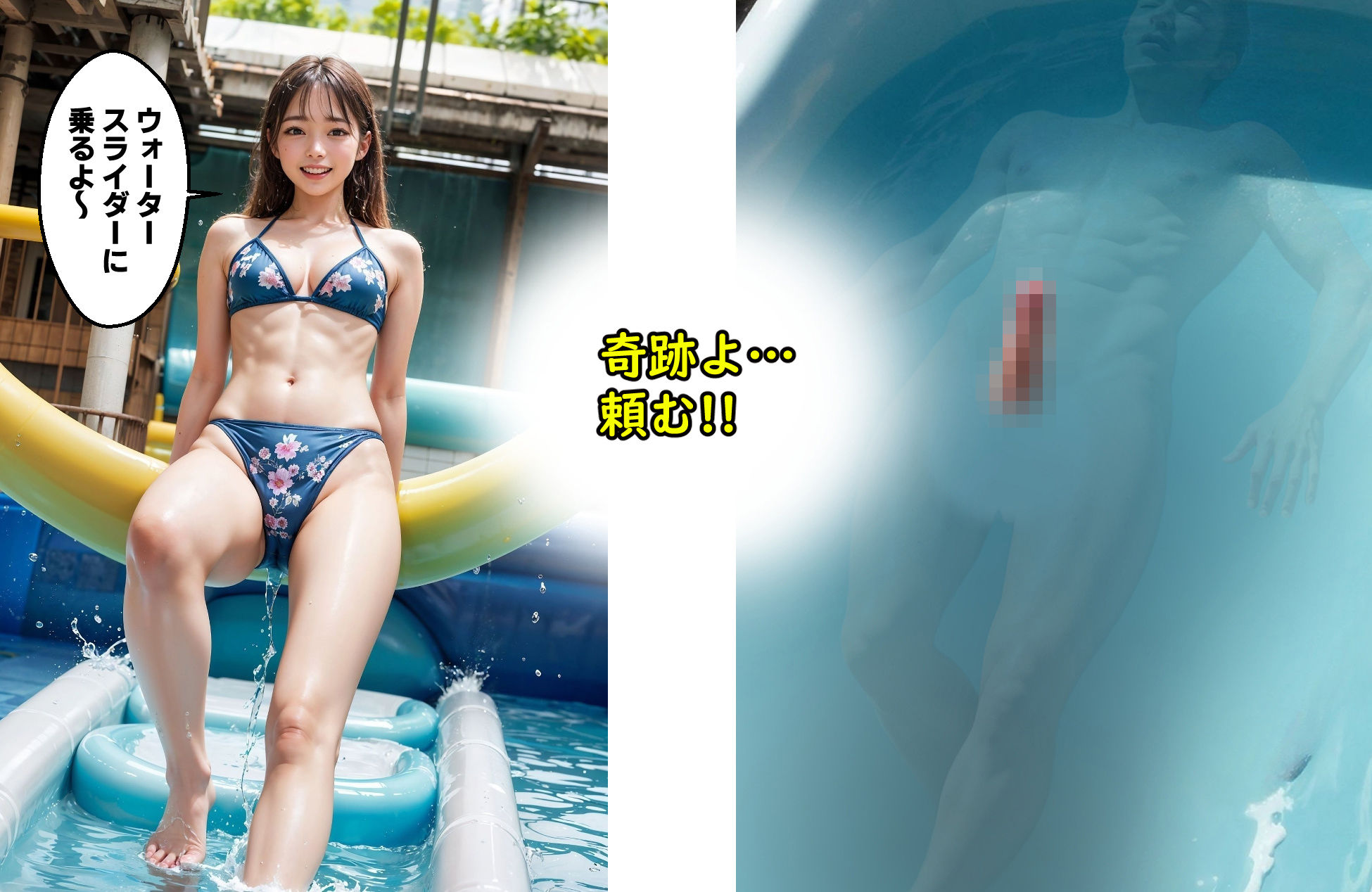 【ラッキー】ウォータースライダーに穴を開けて勃起チンポを出してたらヤレた サンプル1ページ目