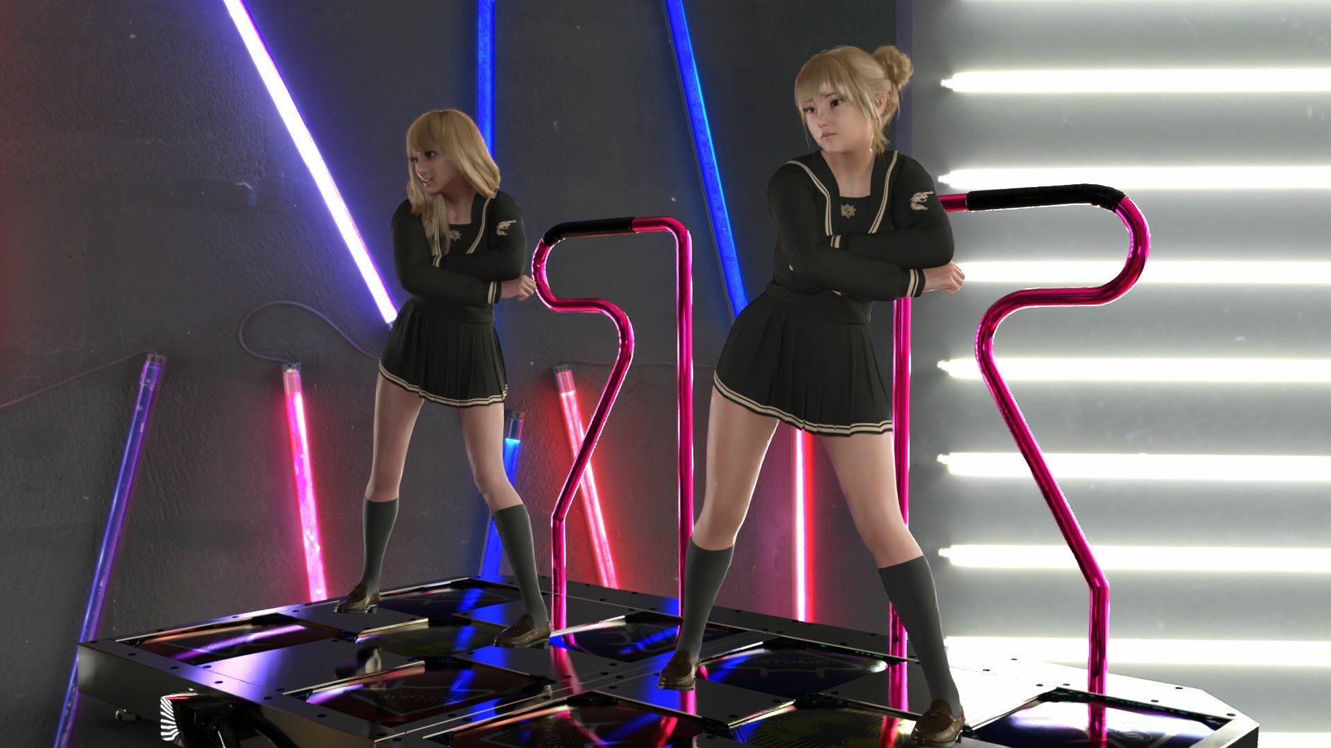 【▲100△100】パンツパンツレボリューション！学校近くのゲーセンに寄ってダンスゲームに興じる廻里と友梨。ところがゲーム筐体に真下から隠しカメラが仕掛けられており、ダブルでスカート内を盗撮される被害に遭う（PV07:廻里-赤文字入り＆友梨-純白パンティ） サンプル6ページ目