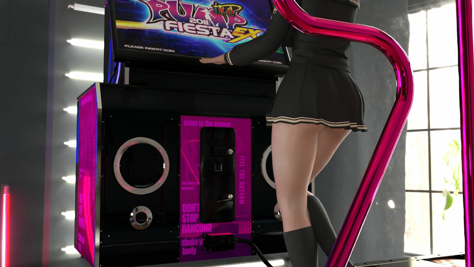 パンツパンツレボリューション！学校近くのゲーセンに寄ってダンスゲームに興じる廻里。ところがゲーム筐体に真下から隠しカメラが仕掛けられており、スカート内を盗撮される被害に遭う（PV10:黒いパンティ） サンプル5ページ目