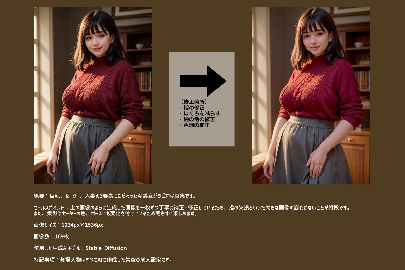 【109枚！】巨乳でセーター着た人妻は好きですか？【AI美女グラビア写真集】 サンプル1ページ目