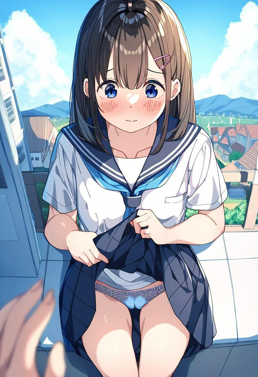 美少女JKが街中で恥ずかしそうにたくし上げしてパンチラ！ サンプル1ページ目