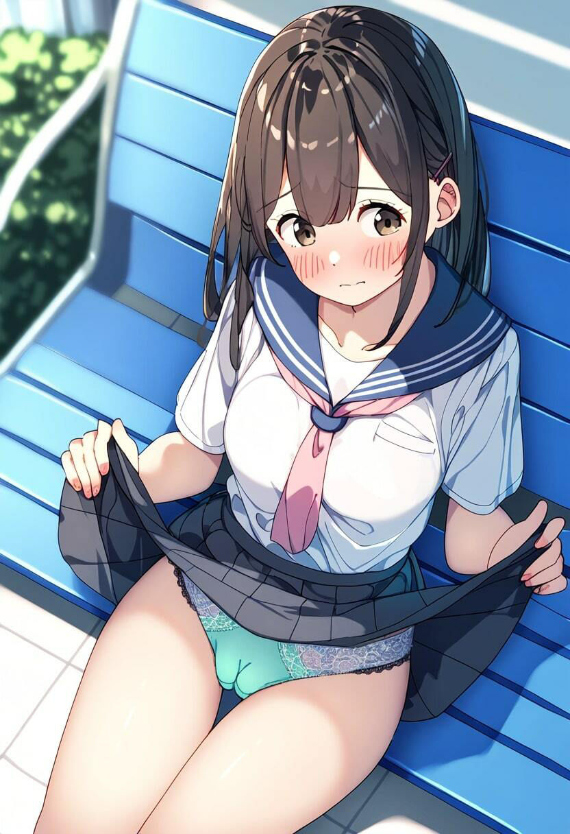 美少女JKが街中で恥ずかしそうにたくし上げしてパンチラ！ サンプル2ページ目