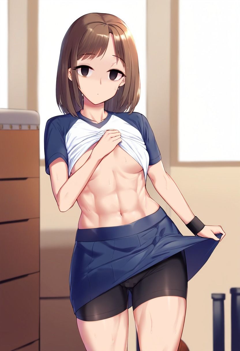 腹筋バキバキの女の子が催●にかかってスカートをたくし上げている画像 サンプル2ページ目