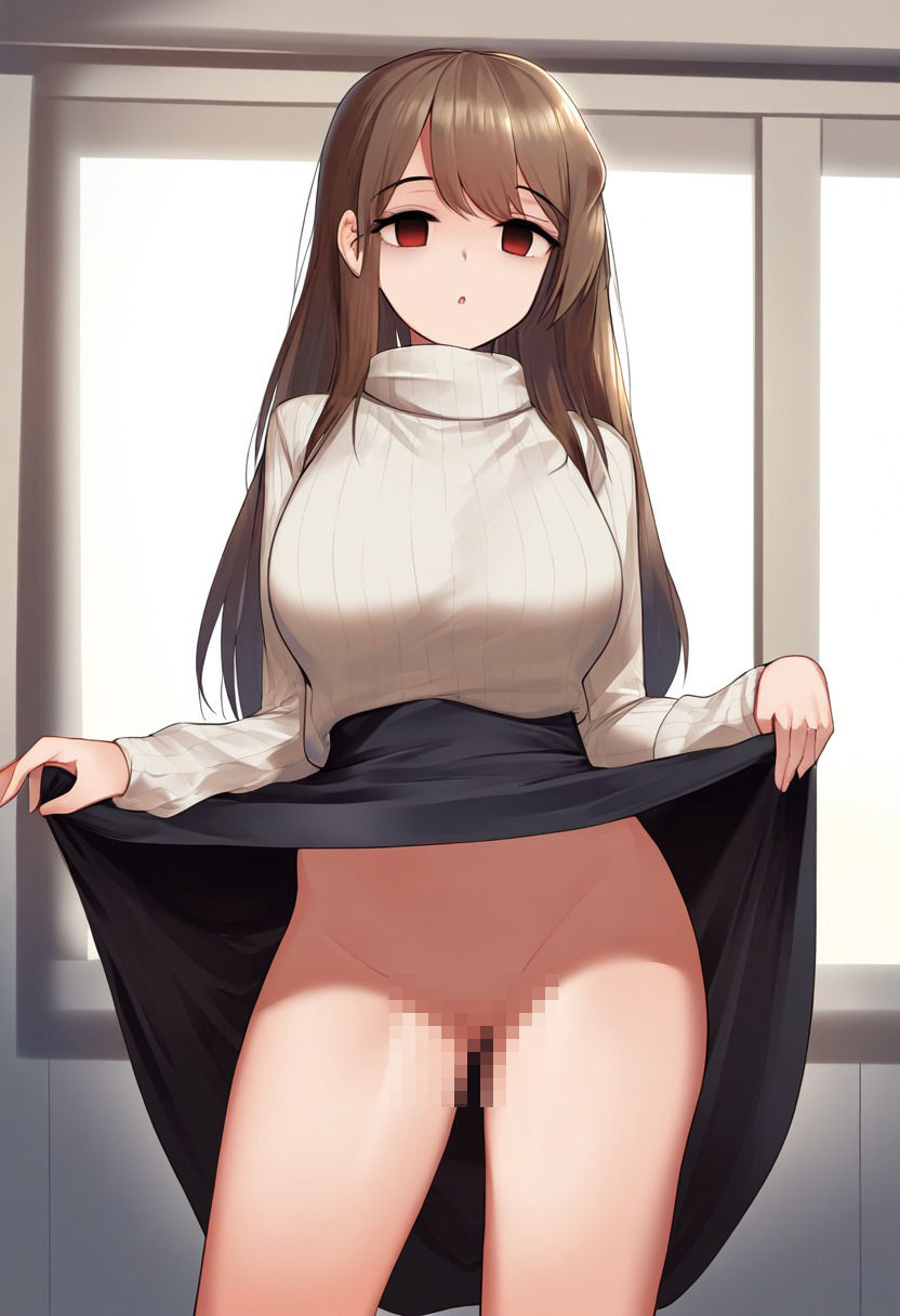 ニットの女の子が催●にかかってスカートをたくし上げている画像 サンプル1ページ目