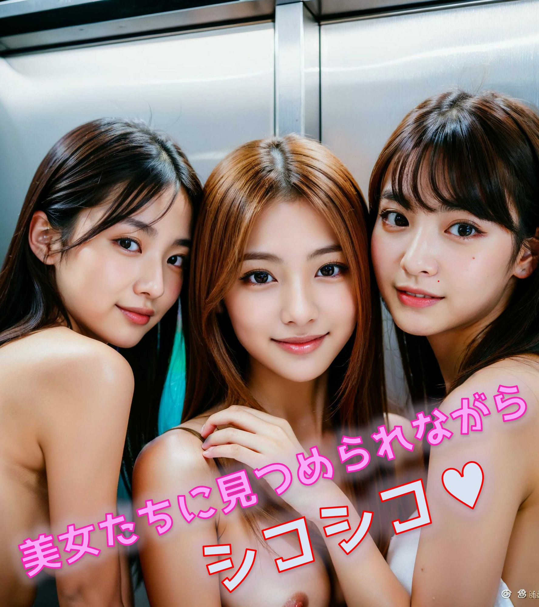 エレベーターに全裸美女たちに閉じ込められてオ●ニー見られちゃう サンプル7ページ目