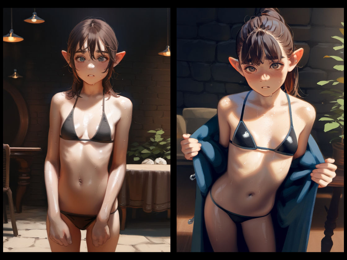 ダンジョンの水着エルフたち - 秘密の地下スタジオでビキニ撮影に応じる不安げな美少女エルフ画像集。 サンプル1ページ目