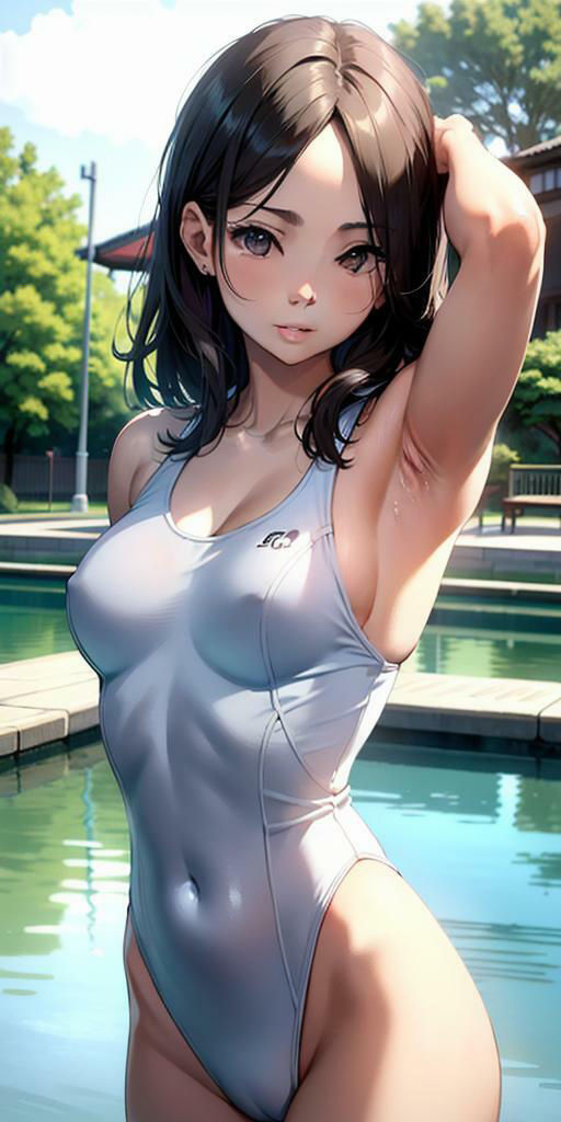 水辺に集う純白なスクール水着美女たちの美しい腋の競演 サンプル1ページ目