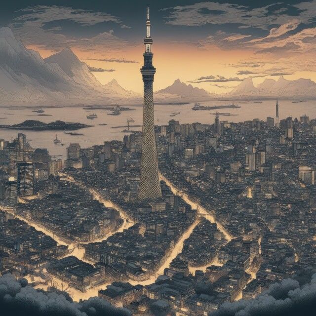 東京スカイツリーと富士山の浮世絵風イラスト Vol.1 サンプル1ページ目