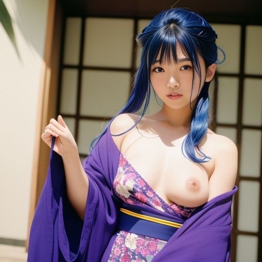 藍色ヘアーの浴衣美女（セリフなし AI画像集） サンプル6ページ目