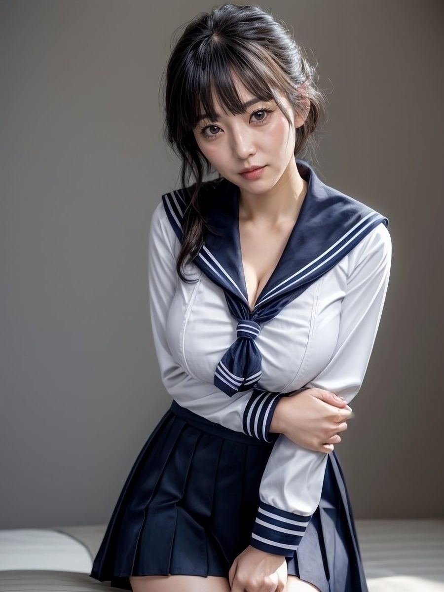 30代/40代/50代で普通乳〜巨乳サイズのセーラー服を着た黒髪熟女人妻の着衣おっぱい＆胸の谷間「リアル・実写系」写真集 サンプル1ページ目