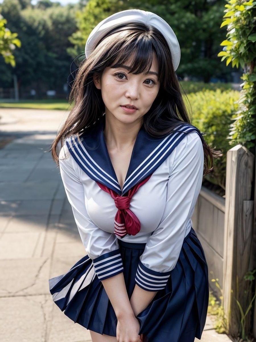 30代/40代/50代で普通乳〜巨乳サイズのセーラー服を着た黒髪熟女人妻の着衣おっぱい＆胸の谷間「リアル・実写系」写真集 サンプル3ページ目