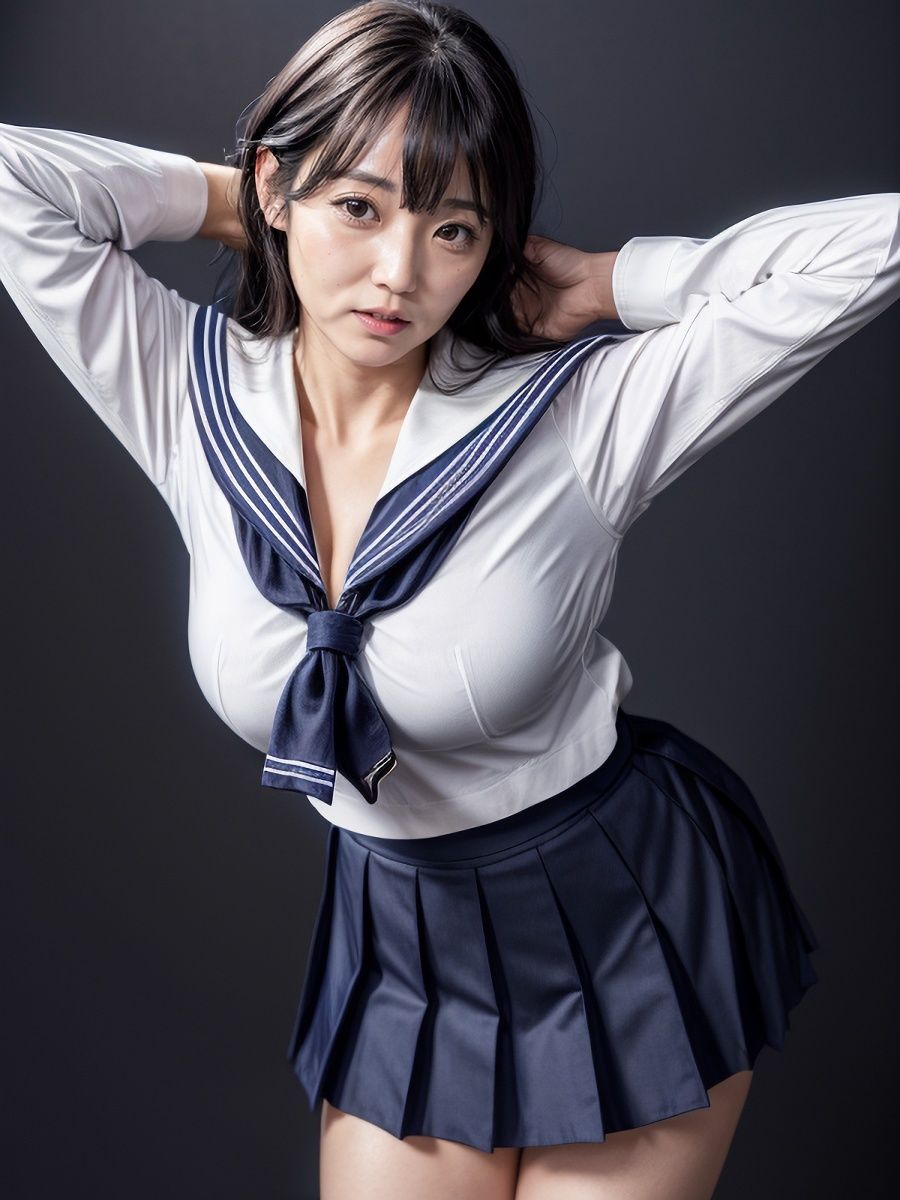 30代/40代/50代で普通乳〜巨乳サイズのセーラー服を着た黒髪熟女人妻の着衣おっぱい＆胸の谷間「リアル・実写系」写真集 サンプル4ページ目