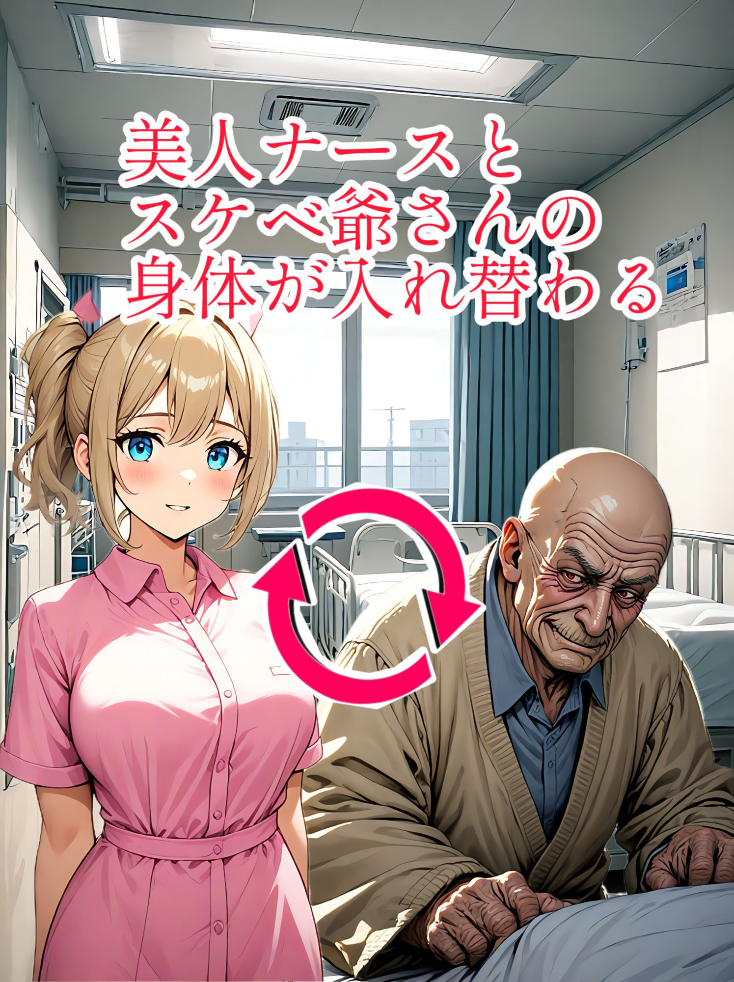 【入れ替わり・イラスト集】美人ナースとスケベ爺さんの身体が入れ替わる サンプル1ページ目
