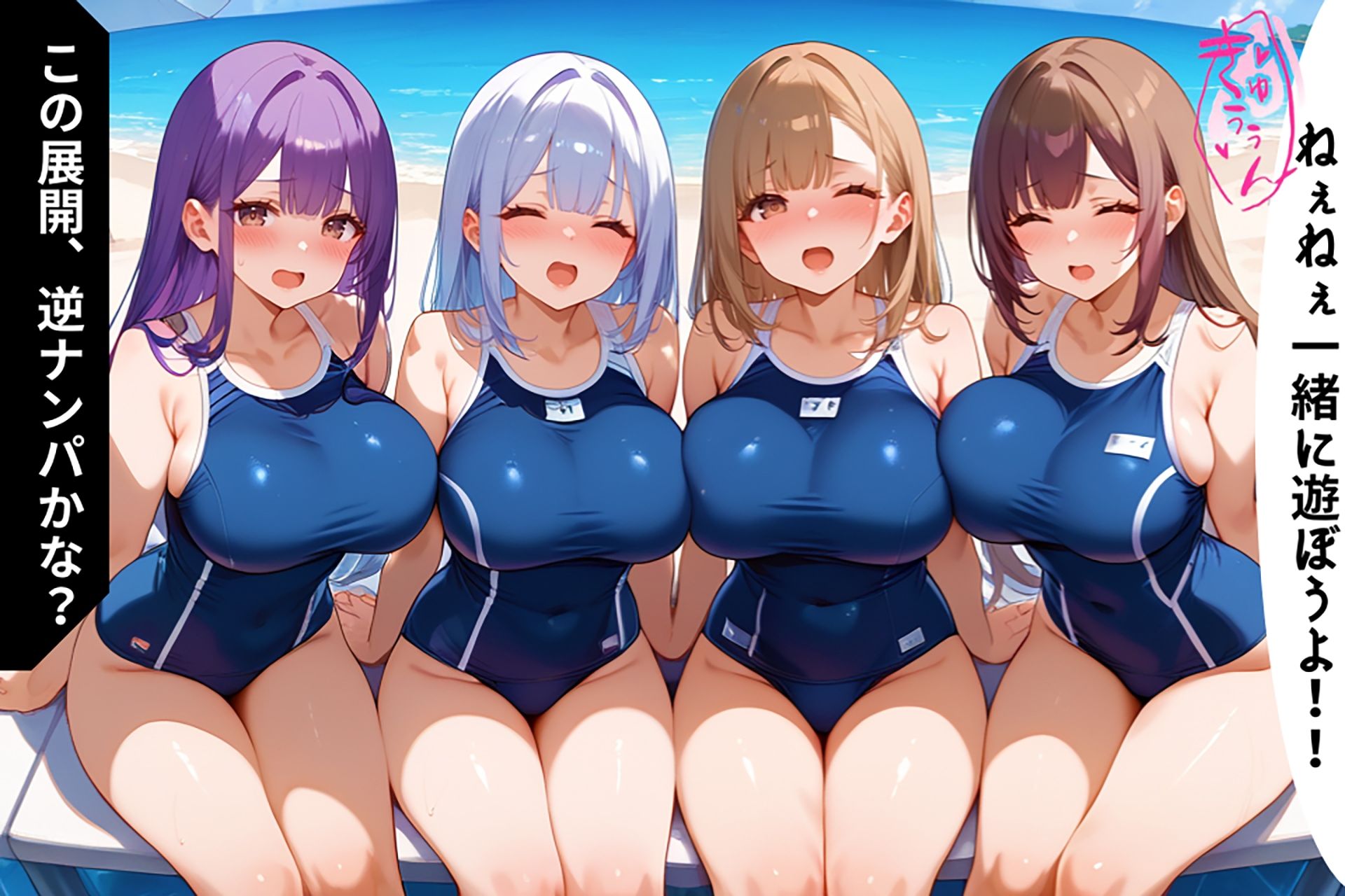 揺れる爆乳女子たちとの秘密のビーチタイム！エッチなハーレムが止まらない！【セリフ/擬音付き】 サンプル5ページ目