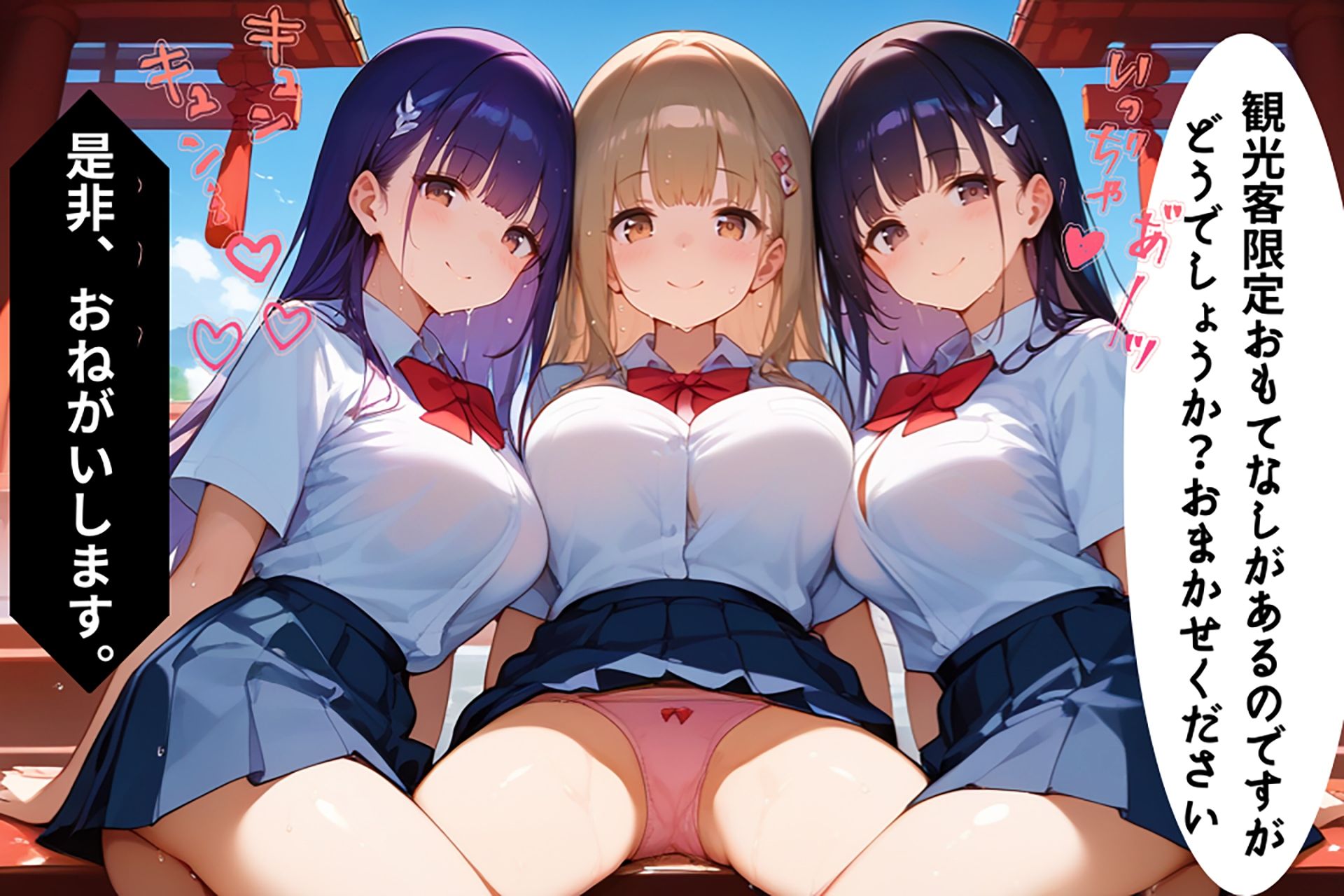 リゾート島で制服女子たちに誘惑されてエロいおもてなしを受けた話【セリフ/擬音付き】 サンプル5ページ目