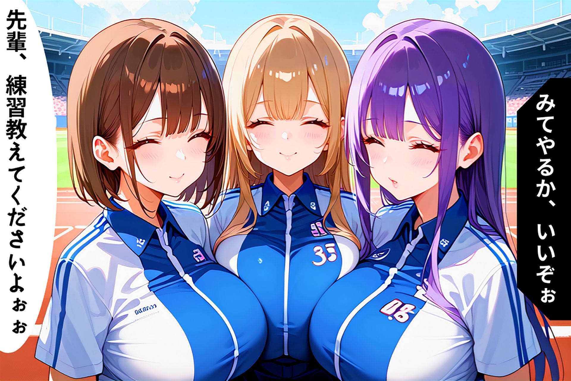 昼間の運動場で汗だく爆乳後輩たちが次々と迫ってきた話【セリフ/擬音付き】 サンプル5ページ目