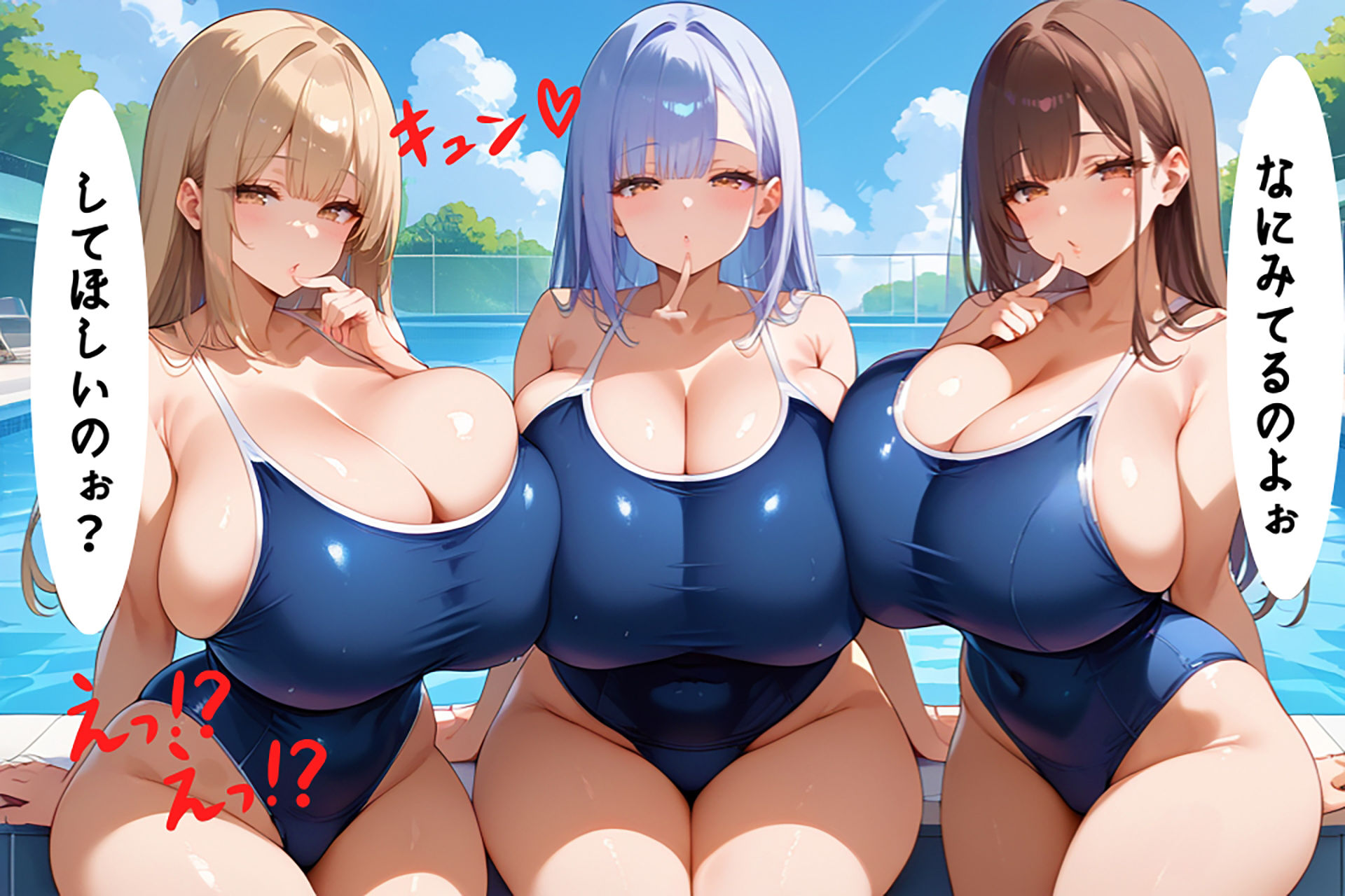 スク水美女たちとプールでふざけてたらエッチな展開に…【セリフ/擬音付き】 サンプル5ページ目