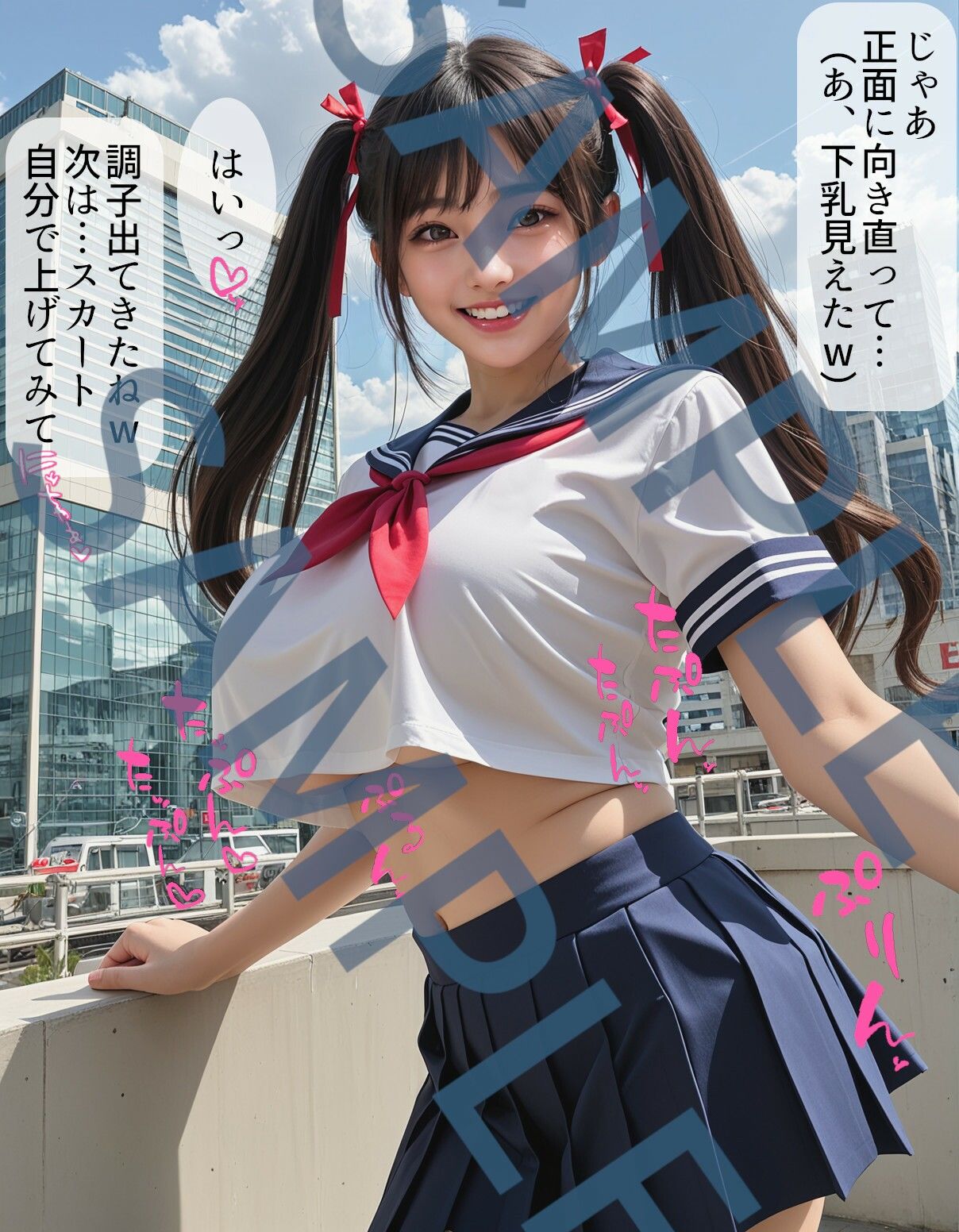 ミニスカセーラー服に黒スト絶対領域でグラビア撮影してるツインテが似合う現役J系の爆乳πズリフェラ大量顔射ぶっかけ サンプル3ページ目