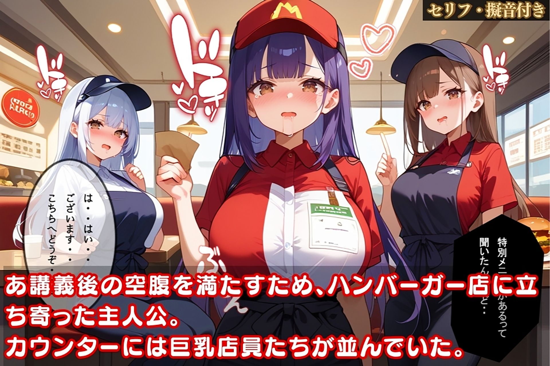 ハンバーガー店で巨乳店員たちと汗だくプレイに突入…「特別サービス」に誘われた結果【セリフ擬音付き】 サンプル1ページ目