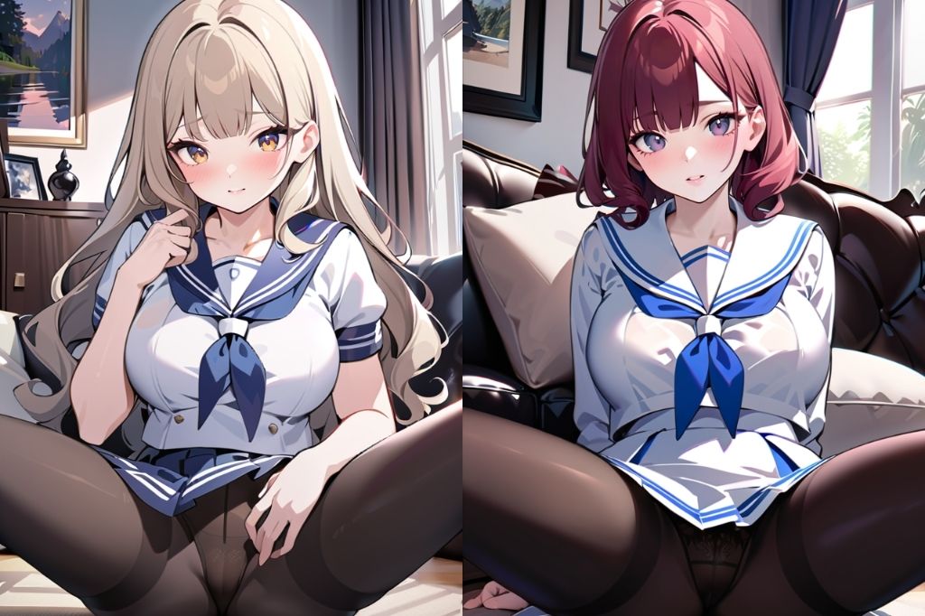 黒パンストセーラー服JKのM字開脚 サンプル2ページ目