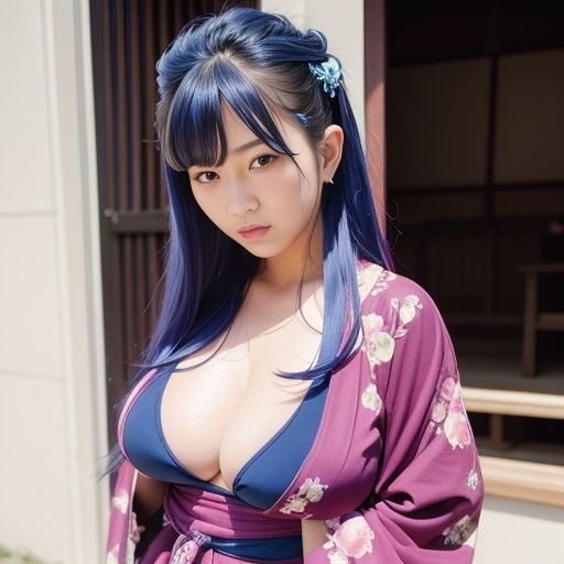 ブルーヘアーで巨乳の浴衣美女（セリフなし  AI画像集） サンプル1ページ目
