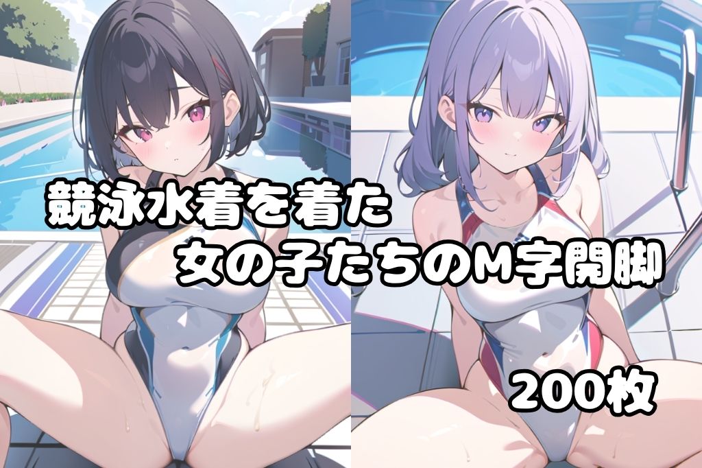 競泳水着で大胆M字開脚してる女の子 サンプル1ページ目