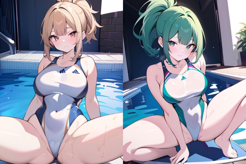 競泳水着で大胆M字開脚してる女の子 サンプル2ページ目